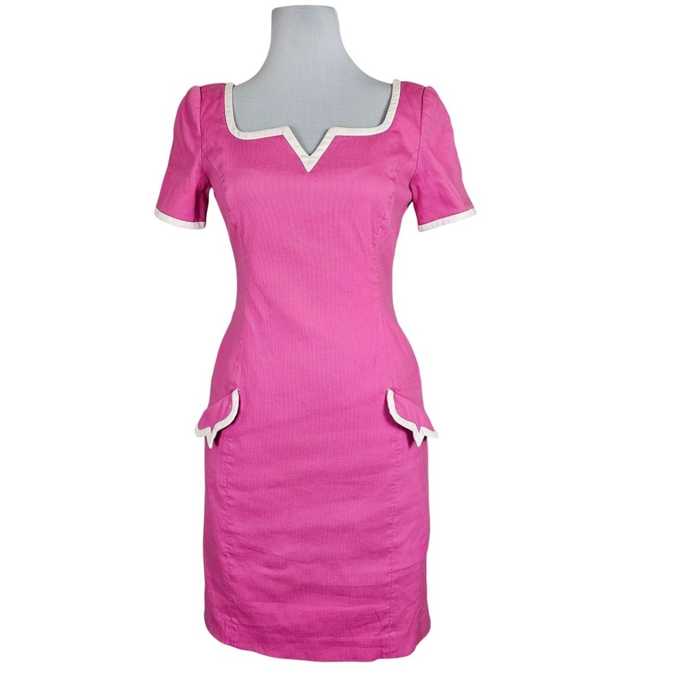 Vintage 90s Bill Blass Pink White Trim‎ Square Neck S/S Fitted Career Mini Dress